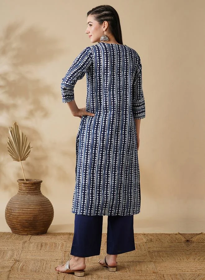 globus Women Blue Geometric Stripe Printed Straight Kurta and Pants Set